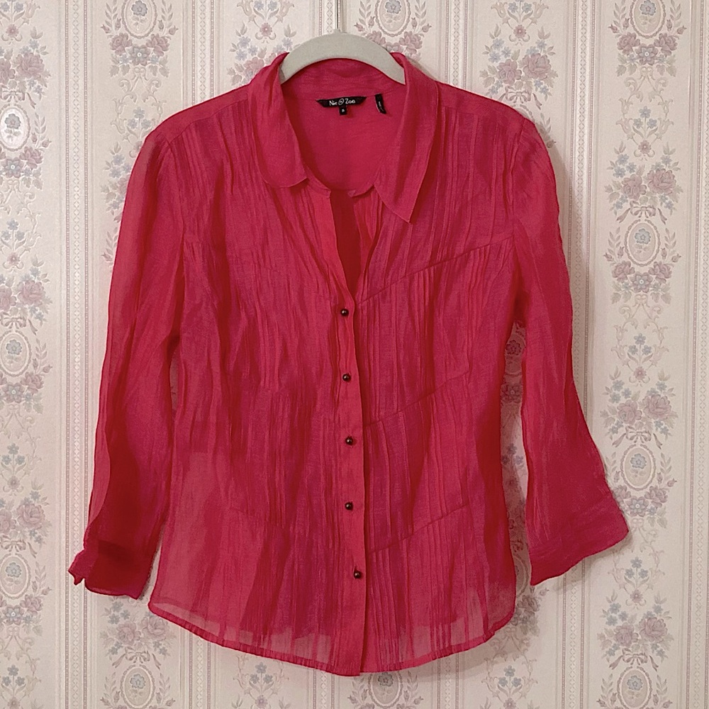 NIC+ZOE Sheer Button-Up Blouse in Vibrant Pink